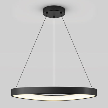 The Artika Bjorn modern LED pendant light 5 CCT features a circular black design suspended by three slim wires, casting a soft white glow against a plain light gray background.