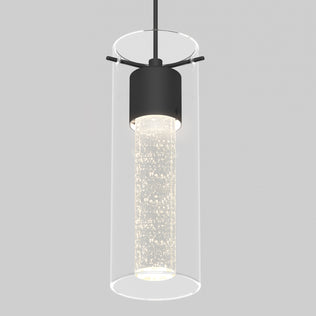 The Essence LED pendant light by Artika features a sleek black cylindrical fixture, a clear outer glass case, and an inner tube with bubbles, shown suspended against a plain gray background.