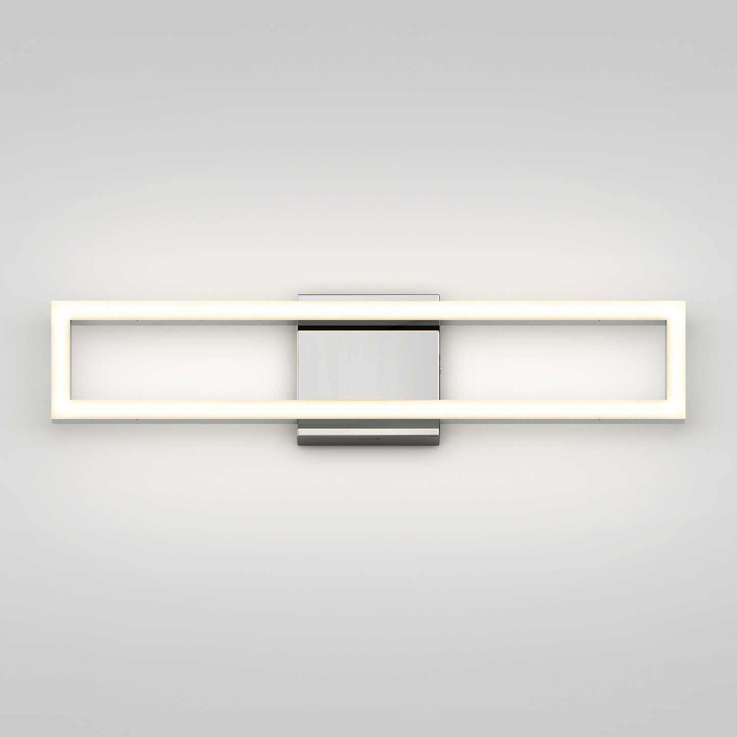 The Dover modern LED bathroom vanity light 5 CCT by Artika-CAN-dev features a rectangular white illuminated frame and central metallic mounting plate, shown mounted on a plain light gray wall.