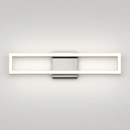 The Dover modern LED bathroom vanity light 5 CCT by Artika-CAN-dev features a rectangular white illuminated frame and central metallic mounting plate, shown mounted on a plain light gray wall.