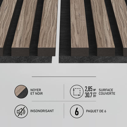 Artika Sonolok acoustic wall panel kit, pack of 6, walnut & black, 2.85m², with French icons/text for stylish soundproofing.