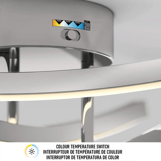 Close-up of the Orly modern LED flush mount light 3 CCT by Artika with a chrome finish and adjustable color switch in English & French.