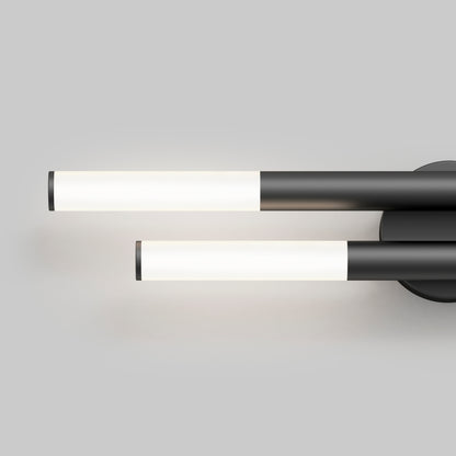 The Artika Boro LED modern bathroom vanity light 5 CCT is a minimalist wall fixture with two parallel cylindrical LEDs, black bases, and frosted diffusers, shown against a light gray background.