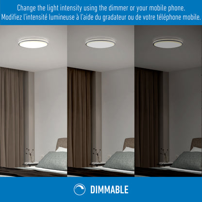 Three images display the Artika Macy 15 in. LED modern flush mount light at different brightness levels—adjustable via dimmer or smartphone app. A dimmable icon appears below.