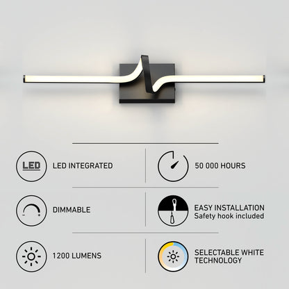 The Artika Bowtie modern LED bathroom vanity light features a wavy integrated LED bar, 50,000-hour lifespan, 1200 lumens, dimmable function, easy installation, and selectable white technology (5 CCT).