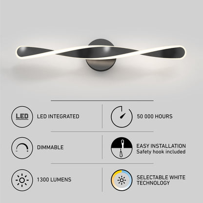 Artika’s Finley LED modern bathroom vanity light features a twisted bar design, integrated LED with 50,000-hour lifespan, dimmable 1300 lumens, easy installation, and selectable white technology (3 CCT).