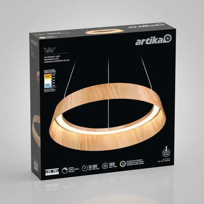 A black box displays the Artika Tallis LED pendant light 5 CCT, showing a photo of the wooden ring-shaped fixture along with product features and specifications on the packaging.