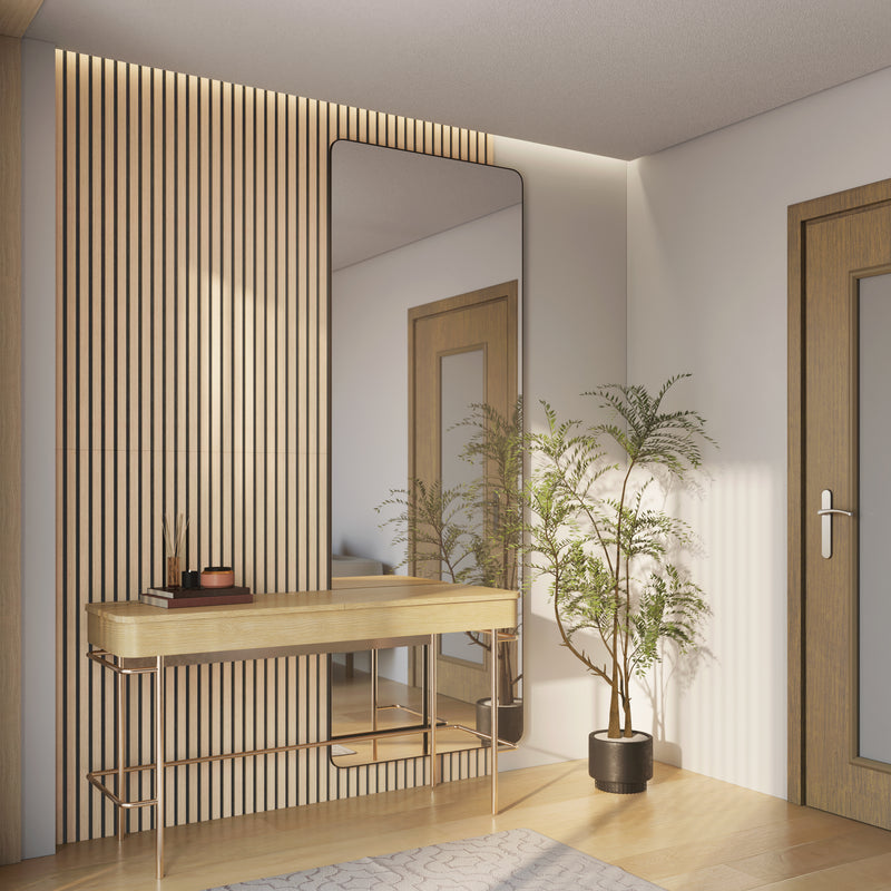 A modern entryway features a wooden console table, large mirror, potted plant, and Artika’s Sonofold sound-absorbing wall panel kit (pack of 2), with light highlighting minimalist decor and warm, natural tones.