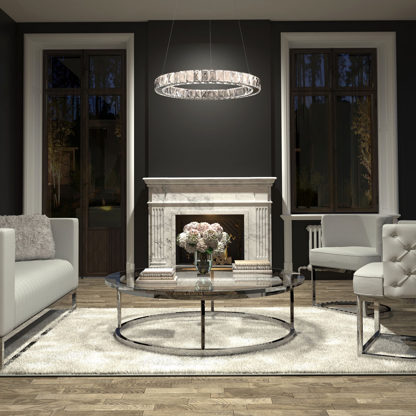 A modern living room with a marble fireplace, glass coffee table, white sofas, plush rug, and tall windows features the Artika Celebrity LED pendant light as a circular chandelier against dark walls.