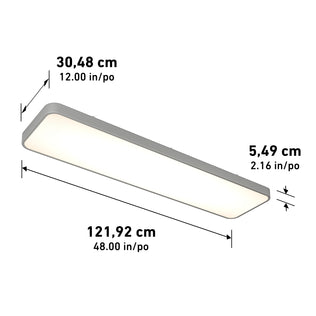 The Artika Europa 48 LED flush mount light with remote is a rectangular ceiling fixture featuring rounded corners, measuring 121.92 cm (48 in) long, 30.48 cm (12 in) wide, and 5.49 cm (2.16 in) high.