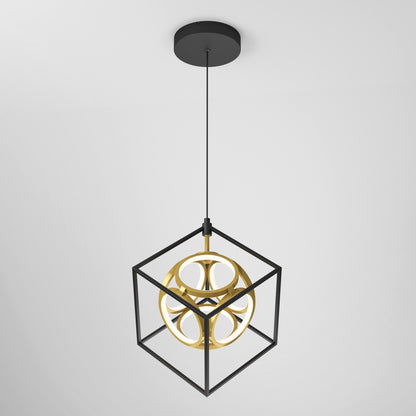 The Artika Mini Luxury LED pendant light features a black square frame with a gold geometric sphere inside, suspended from a black cord against a plain white ceiling.