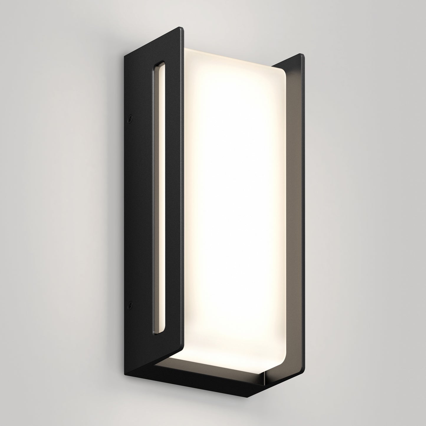 The Artika Ryker smart RGB indoor-outdoor wall light features a minimalist rectangular black metal frame and frosted white panel, shown mounted on a light gray wall—a modern, geometric design.