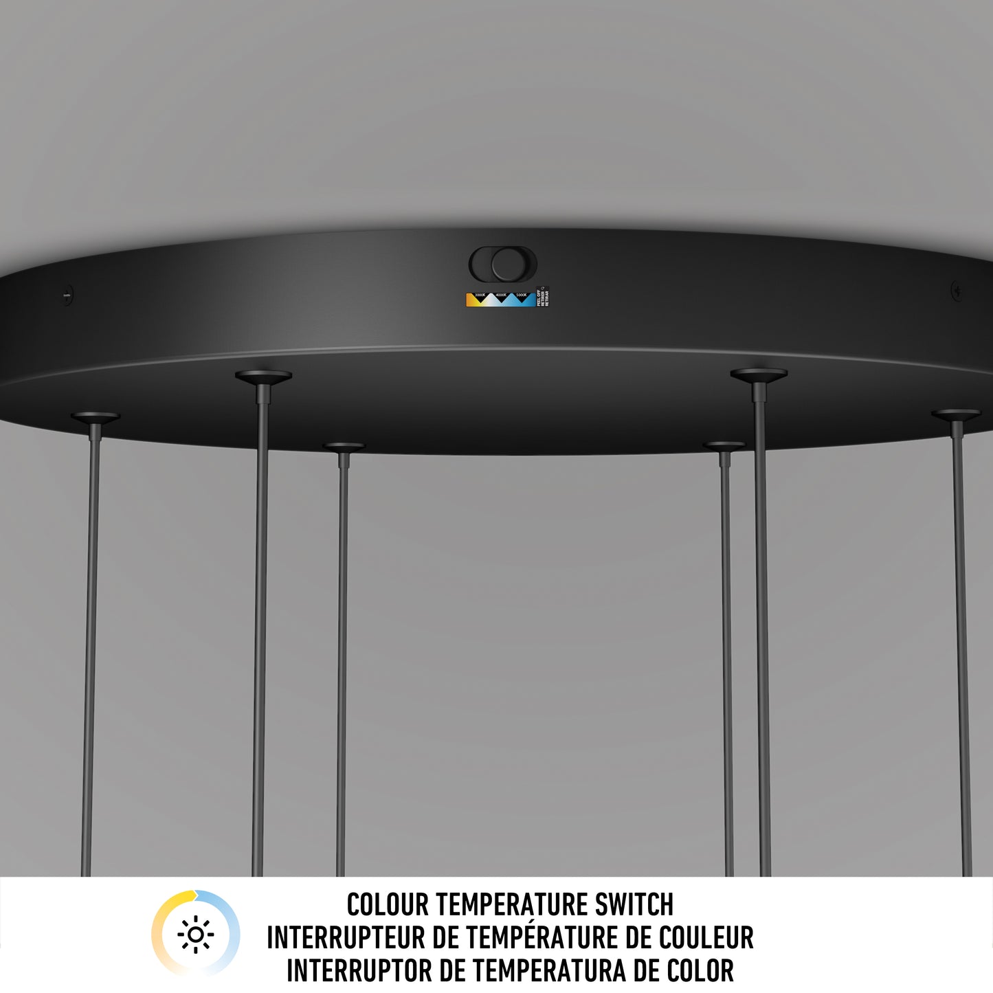 Close-up of the Artika Lewis modern LED pendant light 3 CCT: a circular black fixture with multiple hanging cables, featuring a colour temperature switch with icons, indicator lights, and trilingual instructions below.