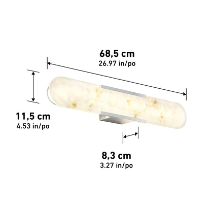 The Artika Selena 3 CCT LED bathroom vanity light is a wall-mounted fixture with a frosted cylindrical shade, measuring 68.5 cm wide, 11.5 cm high, and 8.3 cm deep.