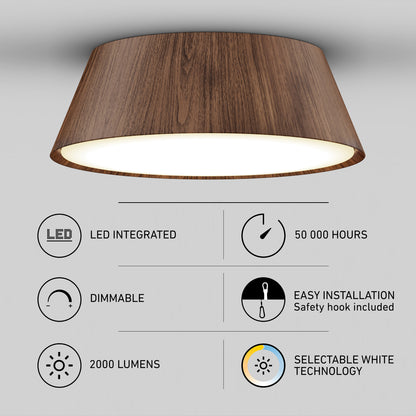 The Artika Dunham 15 in. LED flush mount light features selectable white technology, 2000 lumens, dimmable LED with a 50,000-hour lifespan, easy installation with a safety hook, and a stylish wood finish.