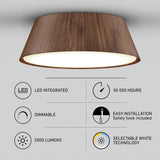 A modern ceiling light with a wood finish and integrated LED panel is shown. Icons below highlight features: LED integrated, 50,000 hours, dimmable, 2000 lumens, easy installation, and selectable white technology.