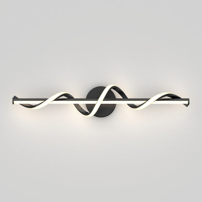 The Artika Coda modern LED bathroom vanity light 5 CCT features two intertwined, wave-like LED strips on a round black base, shown against a plain light gray background.