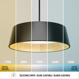 A modern pendant lamp is shown with five lighting variations, ranging from warm white (2700K) to cool white (5000K), each section labeled with its color temperature and description below.