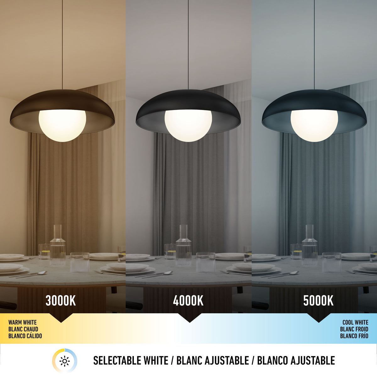 Three pendant lights over a dining table each emit different white tones: warm white (3000K), neutral white (4000K), and cool white (5000K). Below, a banner highlights selectable white color options.