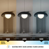Three pendant lights over a dining table each emit different white tones: warm white (3000K), neutral white (4000K), and cool white (5000K). Below, a banner highlights selectable white color options.