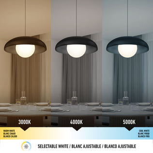 A dining area features the Artika Boden LED modern mid-century pendant light 3 CCT, shown with warm white (3000K), neutral white (4000K), and cool white (5000K) settings. A color temperature guide is provided below.