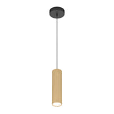 A modern pendant light with a black ceiling mount, a thin black cord, and a cylindrical, light wood-textured shade with vertical grooves.