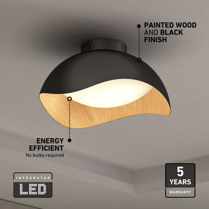 The Artika Adara 15 in. LED flush mount light features a modern wavy black and wood finish, is energy efficient with integrated LEDs (no bulbs needed), offers 5 CCT options, a 5-year warranty, and mounts directly to your white ceiling.