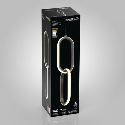 A black rectangular box for the Artika Catena LED pendant light 5 CCT, showing an image of the modern loop-shaped lamp with product details and icons for brightness, energy efficiency, and warm white light.