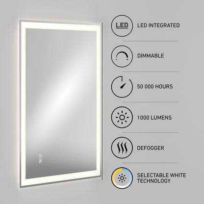 Artika Sofia 24 in. x 32 in. rectangular LED bathroom mirror with touch controls, defogger, dimmable, 50,000-hour life, 1000 lumens, and 3 CCT light.