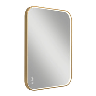 The Artika Royce Dimmable LED Mirror, 3 CCT, features a gold frame, rounded corners, bottom-left touch controls, a built-in defogger, and mounts horizontally or vertically. Shown against a white background.