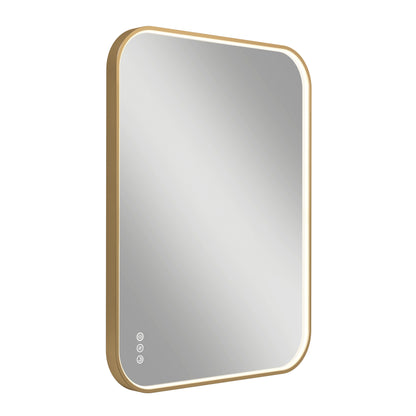 The Artika Royce Dimmable LED Mirror, 3 CCT, features a gold frame, rounded corners, bottom-left touch controls, a built-in defogger, and mounts horizontally or vertically. Shown against a white background.