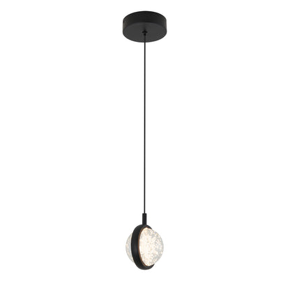 The Avalon LED 1-light pendant by Artika features a modern black circular ceiling mount, slim black cord, and a spherical glass shade partially wrapped in a black ring with a textured, sparkling interior.