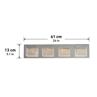 The Artika Bubble Cube 4-light LED vanity light measures 61cm x 13cm and features a sleek, artistic design with four square lights.
