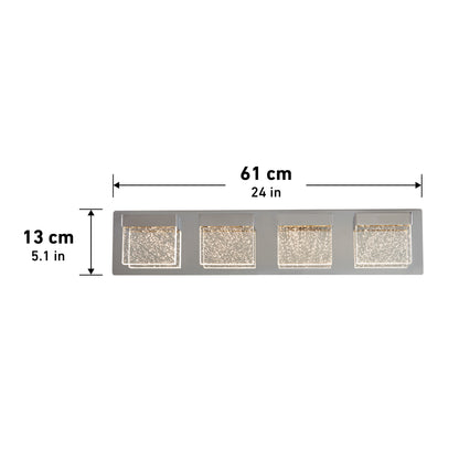 The Artika Bubble Cube 4-light LED bathroom vanity light features four square lights in a row, measures 61 cm (24 in) wide by 13 cm (5.1 in) tall, with measurement lines and labels shown above and to the left of the fixture.