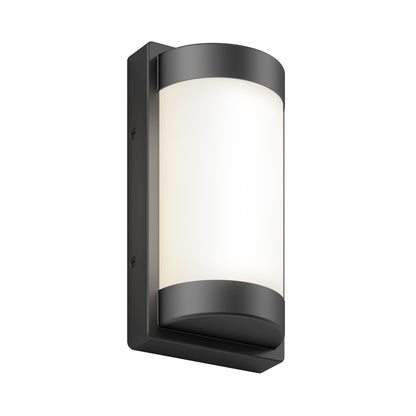 The Artika Fogo modern LED indoor-outdoor wall light 5 CCT features a black rectangular base and cylindrical frosted shade, offering a sleek, minimalist design for contemporary spaces.