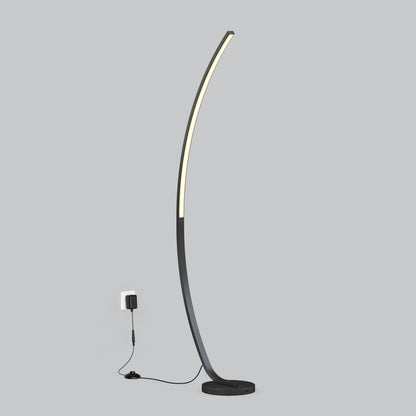 The Artika Arc LED Floor Lamp features a slim black base and visible power cord, emitting dimmable soft light. Set against a gray background, this modern lamp brings contemporary style to any room.