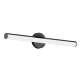 A modern wall-mounted LED light fixture with a black circular base and a horizontal, elongated white light bar.