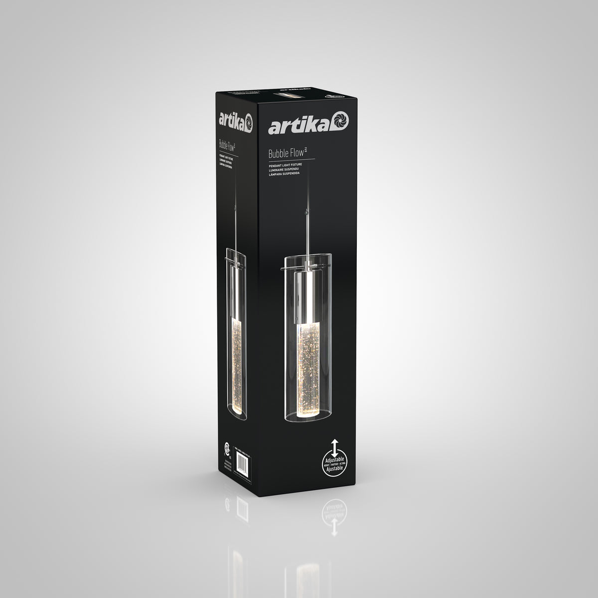 A black rectangular box displays the Artika Bubble Flow pendant light, featuring a cylindrical glass fixture with bubble detailing. The packaging shows product images and brand logos on a gradient light background.