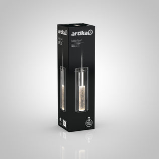 A black Artika box displays the Bubble Flow 1-light pendant 2, featuring an image of the cylindrical bubble-filled, glowing fixture. The upright package is set against a neutral background.