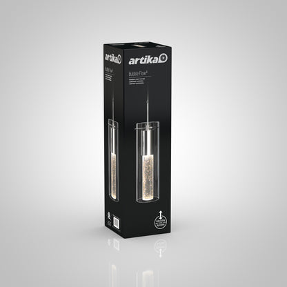 A black Artika box displays the Bubble Flow 1-light pendant 2, featuring an image of the cylindrical bubble-filled, glowing fixture. The upright package is set against a neutral background.