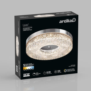 The Artika FM Lysara 15 in. LED Fashion Flush Mount Ceiling Light 5 CCT is a circular, crystal-studded LED flush mount shown on its retail packaging.