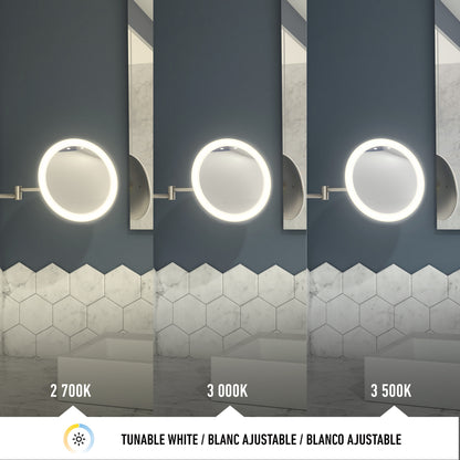 Three Artika Radia Cordless LED Cosmetic Mirrors display 2700K (warm), 3000K (neutral), and 3500K (cool) lighting, mounted above a bathroom counter with hexagonal white tiles and a blue wall.