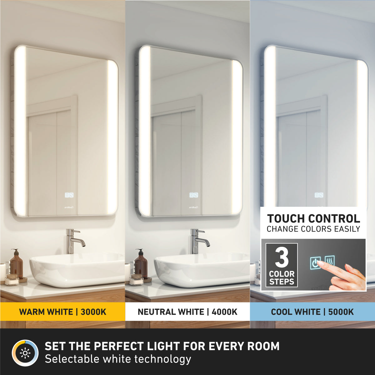 The Artika Onyx dimmable LED mirror 3 CCT offers a touch control panel for switching between warm, neutral, and cool white light, plus an anti-fog feature for a clear reflection—ideal for any modern bathroom.
