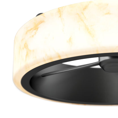 Close-up of the Artika Selena 23 in. LED modern ceiling fan, featuring a circular marble-patterned light, sleek black blades, and a dimmable design. Includes remote control for convenience.