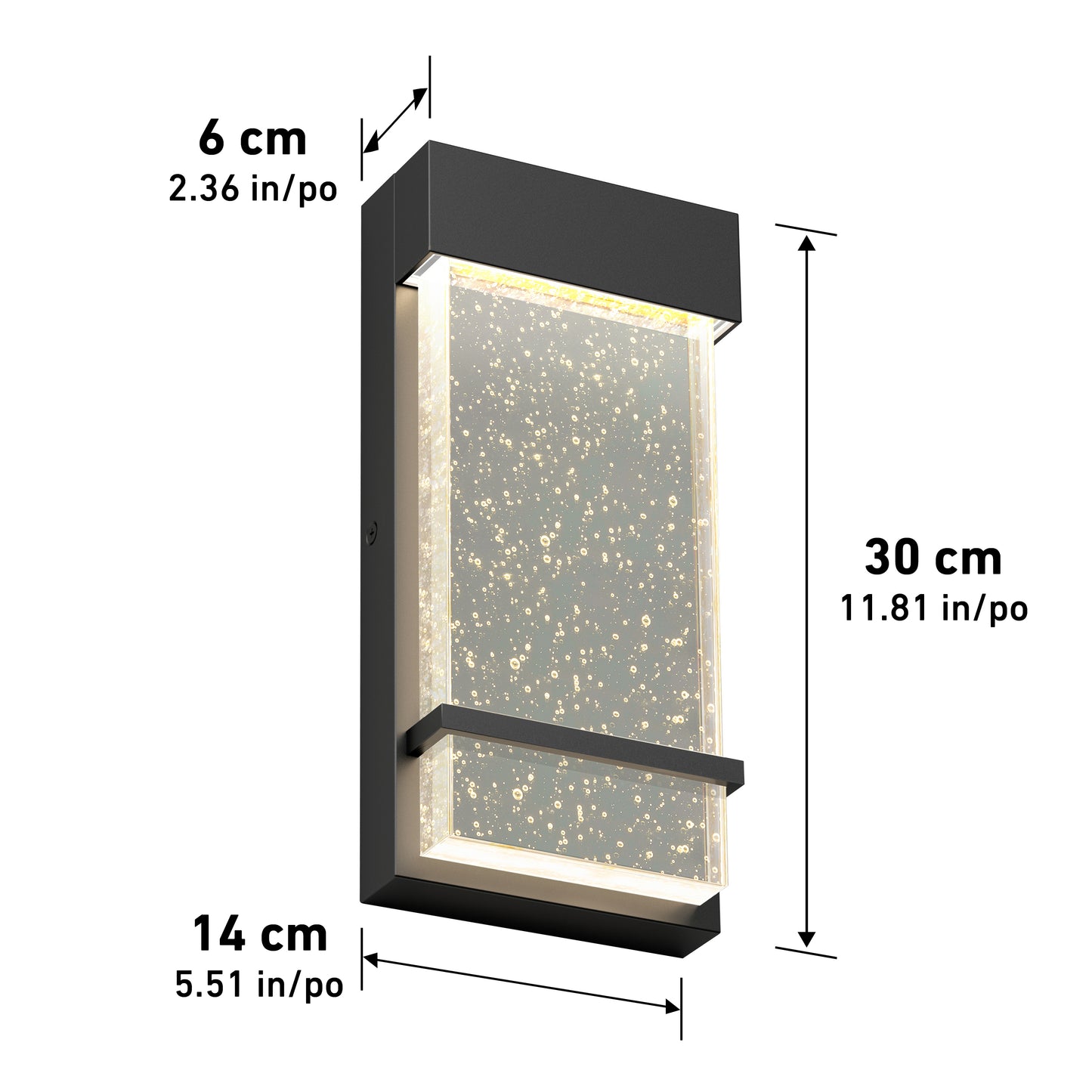 The Artika Skyler indoor-outdoor LED wall light features a rectangular, wall-mounted design with bubbles in a clear acrylic panel. Dimensions are 30 cm (H) x 14 cm (W) x 6 cm (D), labeled around the fixture.