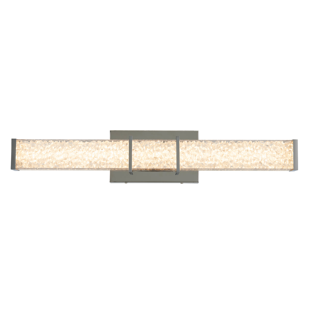 A modern wall-mounted LED light fixture with a rectangular, brushed metal base and a long, horizontal frosted glass bar featuring a textured, crystal-like design, illuminated from within.