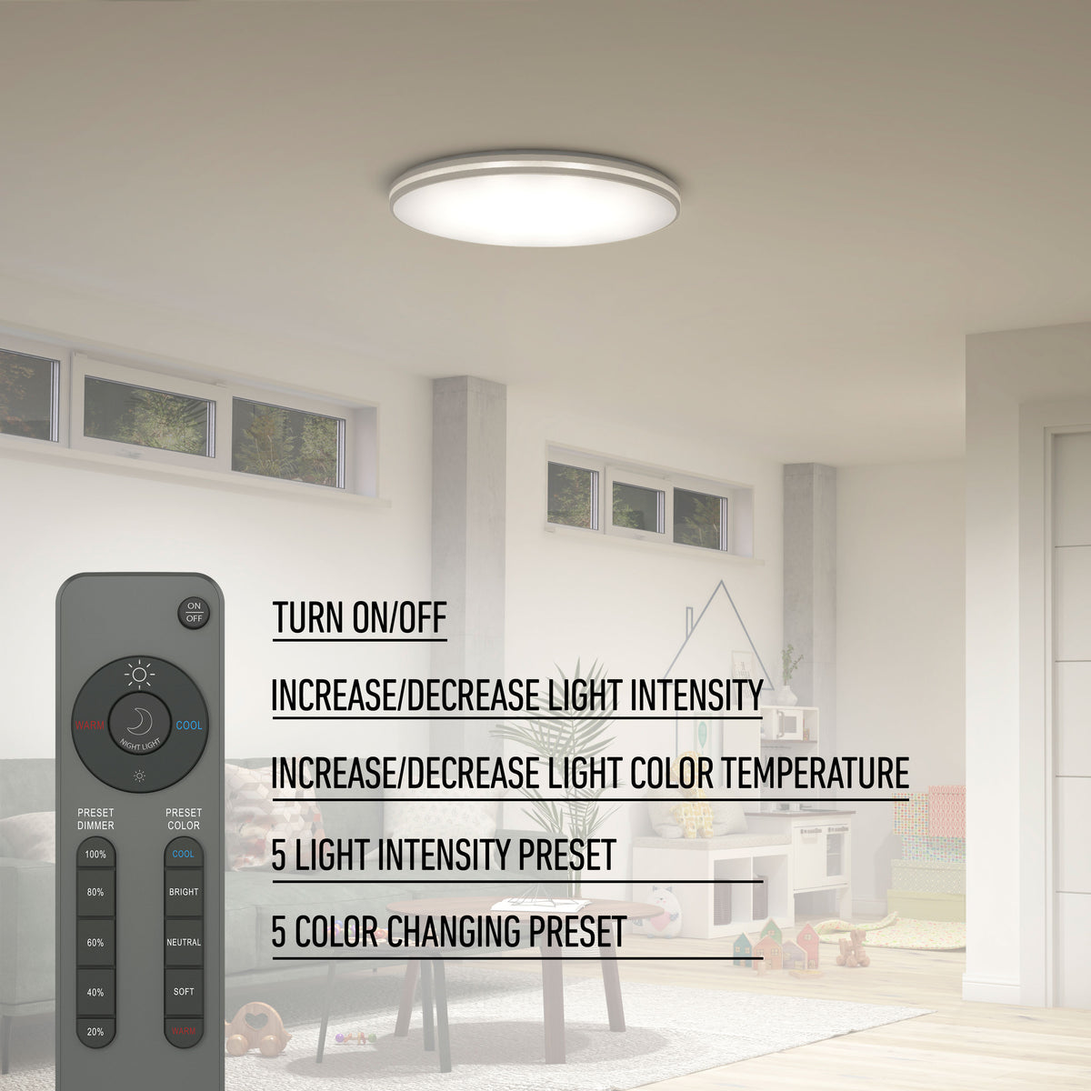 Artika GLOW 30″ LED Ceiling Light, 5 CCT, remote control, and lighting instructions up front—ideal for modern playrooms.