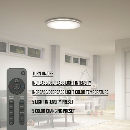 Artika GLOW 30″ LED Ceiling Light, 5 CCT, remote control, and lighting instructions up front—ideal for modern playrooms.