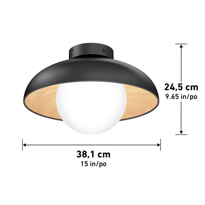 The Artika Boden LED flush mount light 5 CCT features a black exterior, wooden interior, round white bulb, and measures 24.5 cm tall by 38.1 cm wide.
