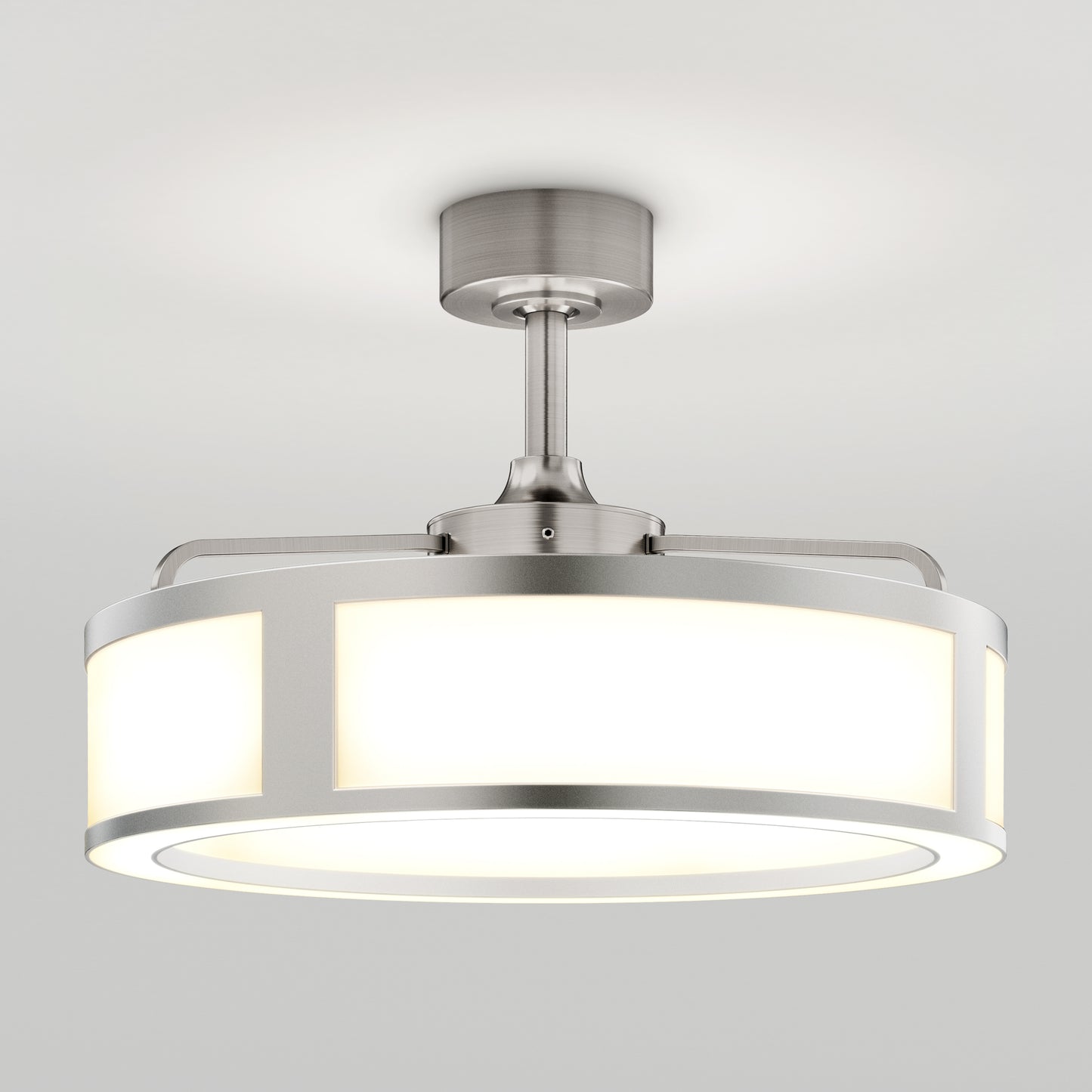 The Artika Huxley 23 in. LED modern ceiling fan offers 3 speeds and features a sleek design that provides soft, even lighting with a round frosted glass shade and brushed nickel accents.